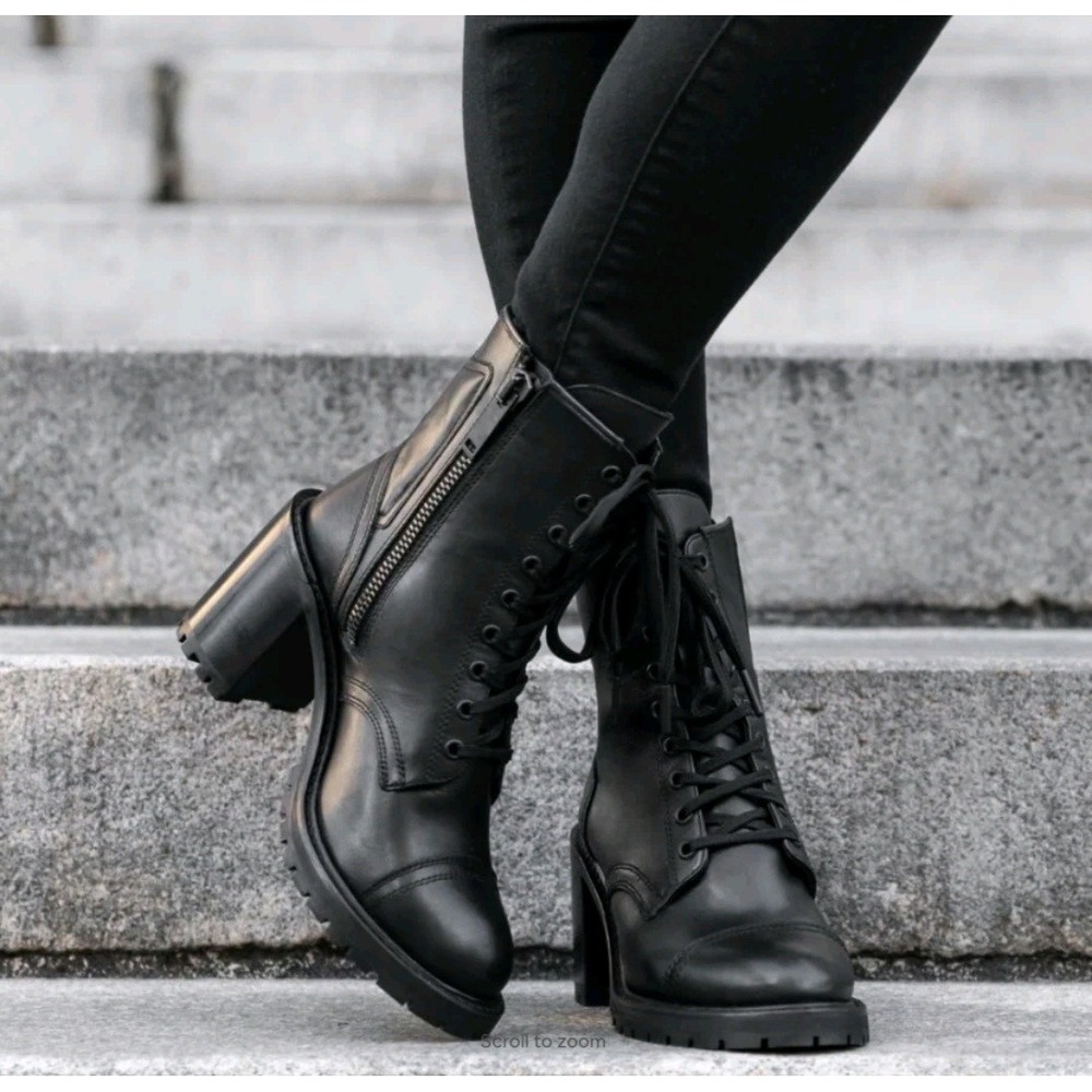 Thursday Boot Company Rebel Black Leather Lace Up Block Heel Combat Boots 7.5